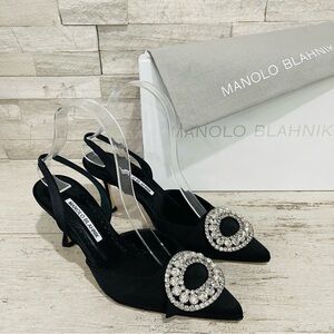 Manolo Blahnik Fiboslac Black Satin Swarovski Crystal Slingback 70MM Pumps SZ 37